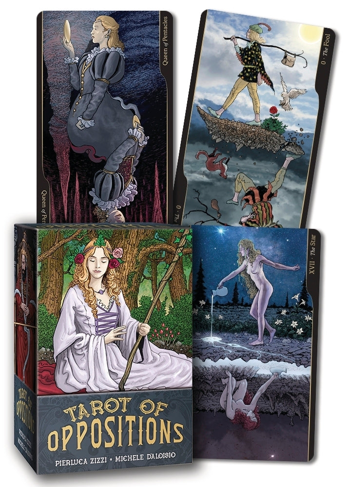 Tarot of Oppositions card deck packaging with illustrations of women in various poses.