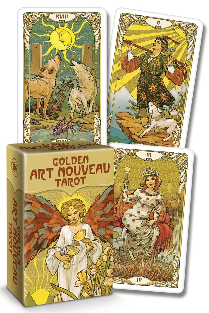 Golden Art Nouveau Tarot cards with box featuring illustrations of angels, women, and animals.