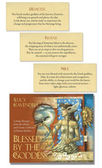 A card deck box and three individual cards from the 'Blessed by the Goddess' oracle card deck by Lucy Cavendish. The box features a brown and gold cover with an illustration of a goddess, while the cards display text prompts on a cream-colored background.