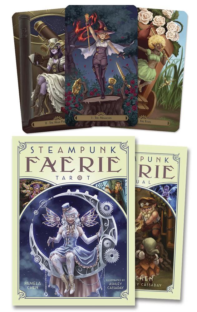 Steampunk Faerie Tarot cards with colorful illustrations of fairies and steampunk elements.