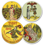 Four tarot cards from a 1909 edition with colorful illustrations on a white background.