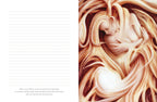 Artistic depiction of a woman embracing a child within flowing hair, with text on a lined paper background.