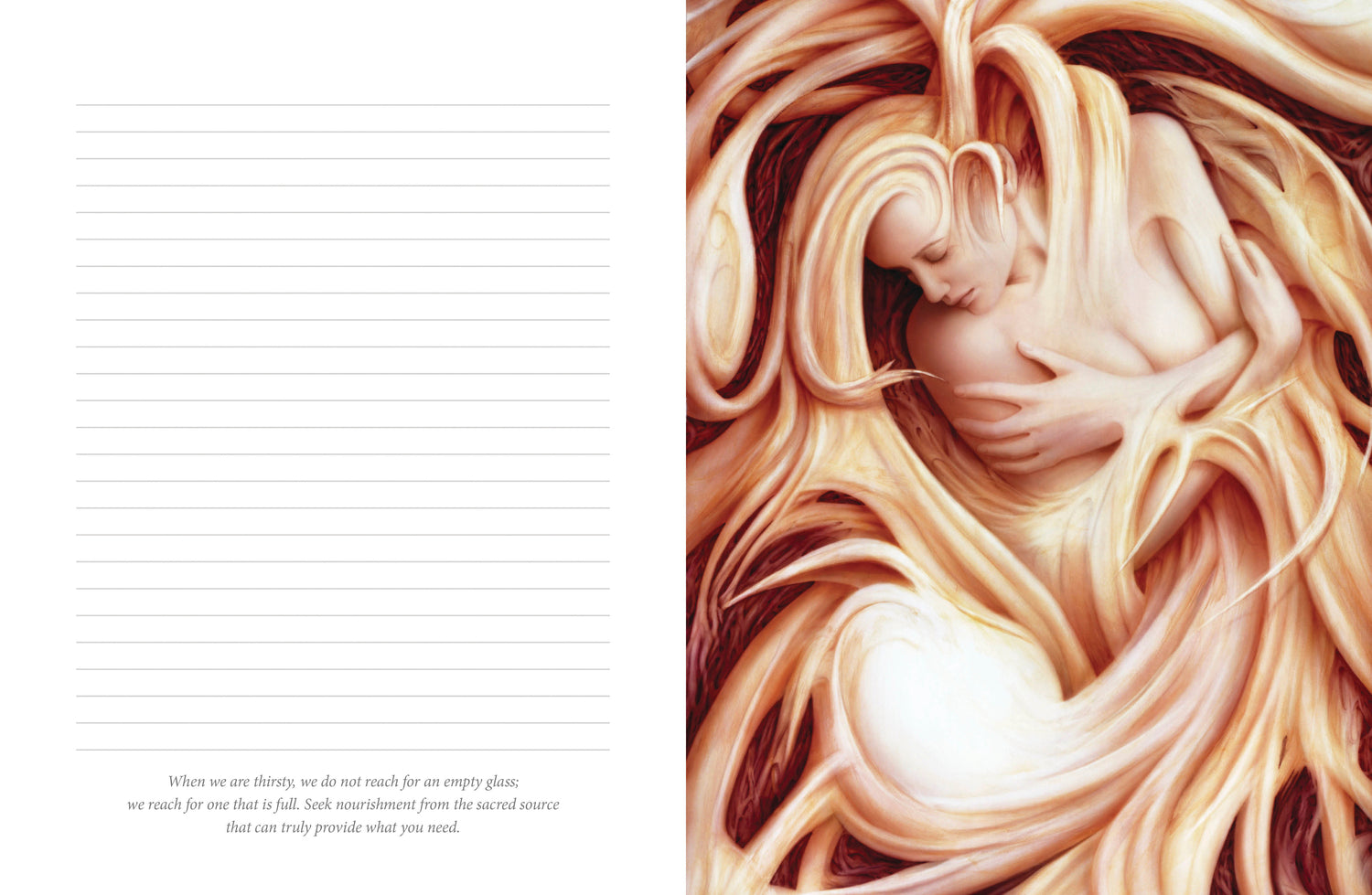 Artistic depiction of a woman embracing a child within flowing hair, with text on a lined paper background.