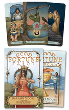 Good Fortune Tarot cards with cover and guidebook on a white background