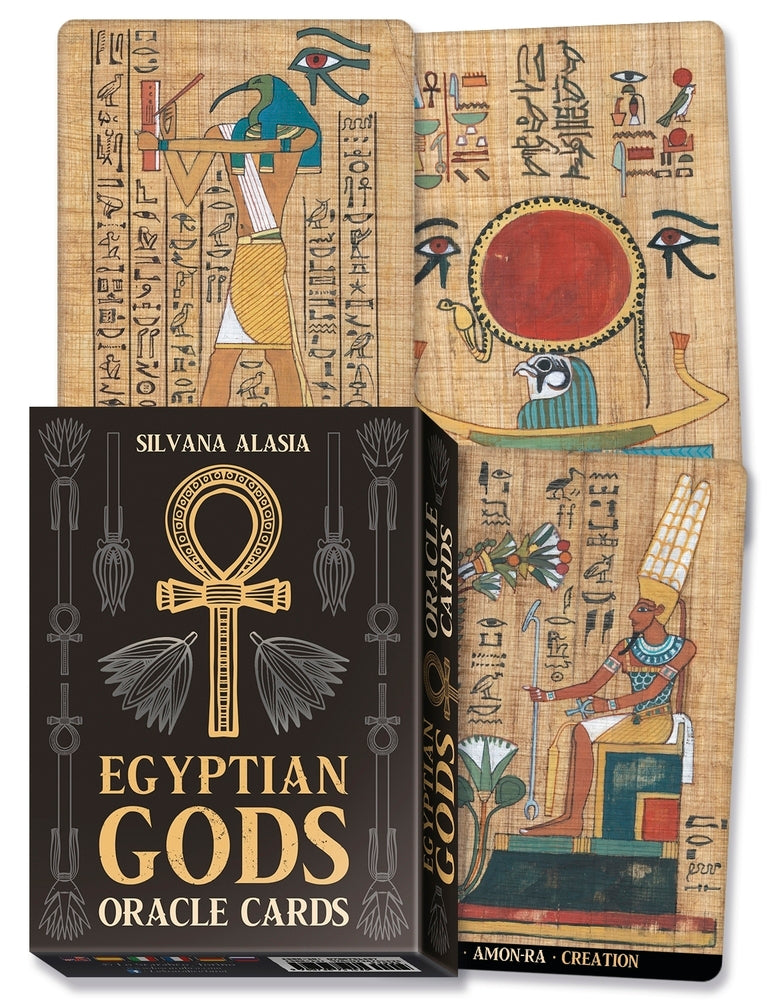 Egyptian Gods Oracle Cards packaging with hieroglyphics and symbols