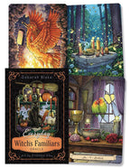 Card deck packaging with illustrations of a phoenix, a witch's altar, and a parrot, featuring the title 'Everyday Witch's Familiars Oracle' by Deborah Blake.