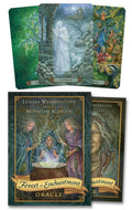 Three tarot cards from 'Forest of Enchantment Oracle' by Lunaea Weatherstone and Meraylah Allwood, featuring mystical scenes and characters.