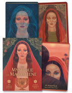 Four tarot card covers with artistic illustrations of women and text on a white background.