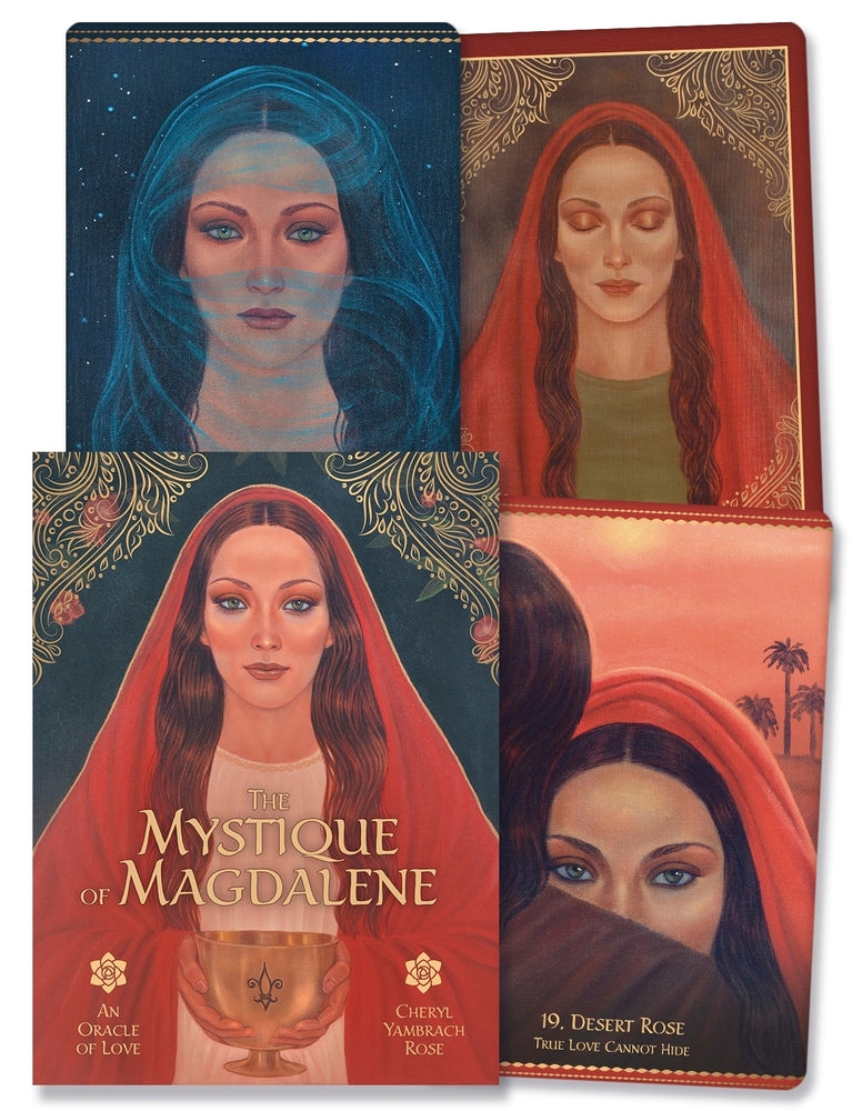 Four tarot card covers with artistic illustrations of women and text on a white background.