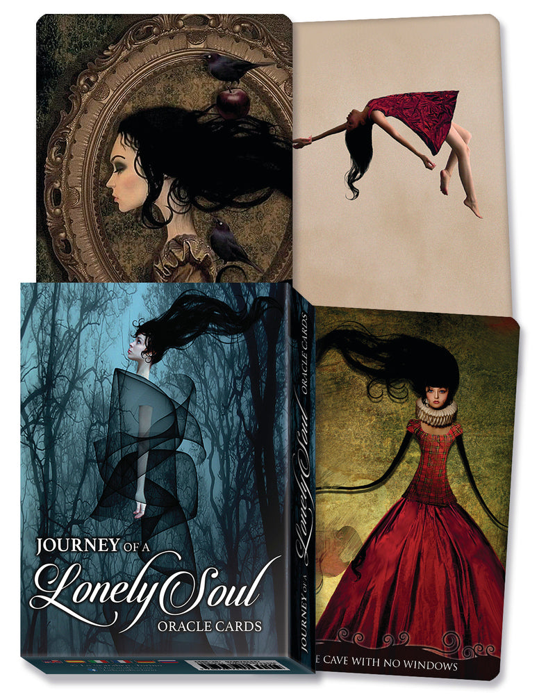 Collection of oracle card boxes with artistic illustrations and 'Journey of a Lonely Soul' text.