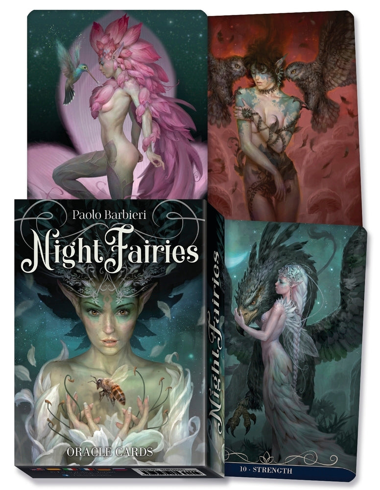Collection of 'Night Fairies' oracle cards with artistic illustrations on a dark background.