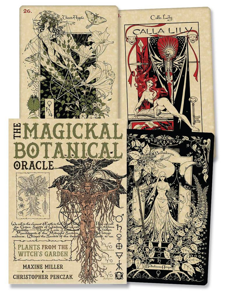 Magickal Botanical Oracle cards with intricate designs and text on a beige background
