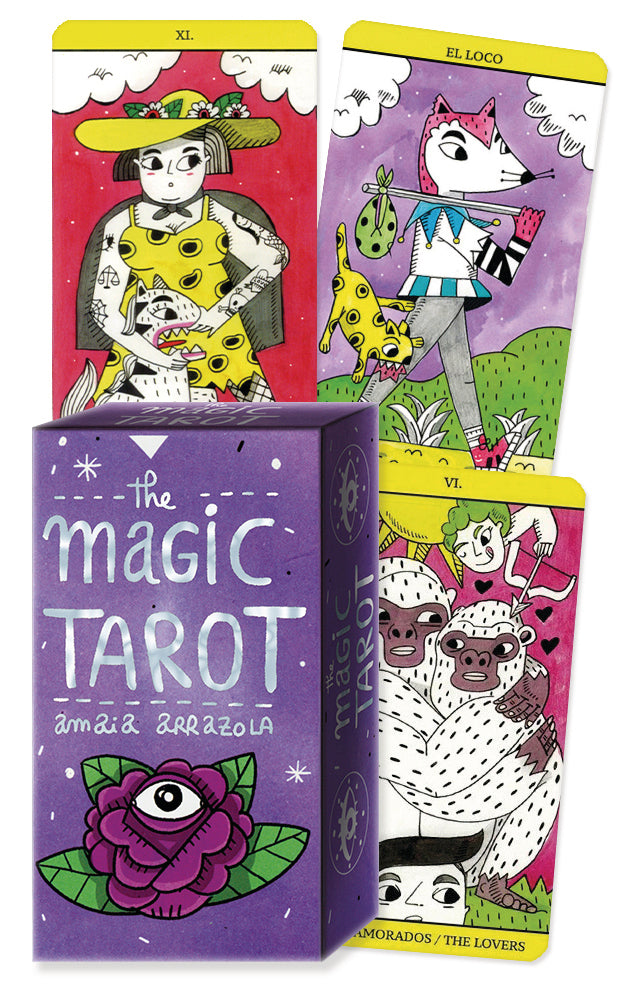 Set of tarot cards with colorful illustrations and a purple box labeled 'The Magic Tarot'.