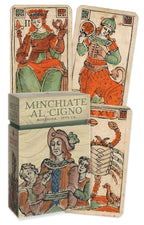 Vintage-style playing cards with decorative box labeled 'Minchiate al Cigno'.
