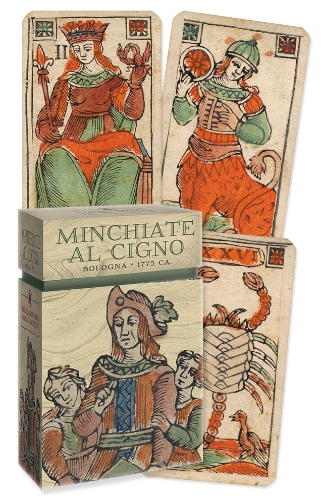 Vintage-style playing cards with decorative box labeled 'Minchiate al Cigno'.