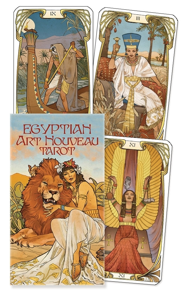 Egyptian Art Nouveau Tarot cards with decorative designs and characters.