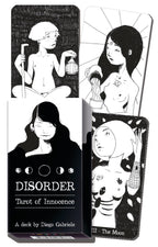 Tarot card set titled 'Disorder Tarot of Innocence' by Diego Gabriele with black and white illustrations.