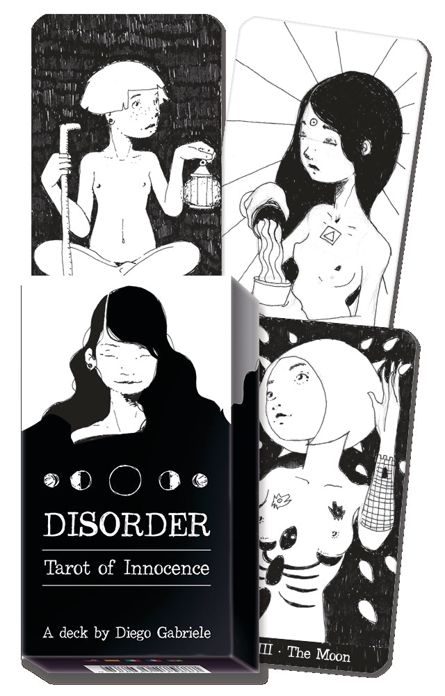 Tarot card set titled 'Disorder Tarot of Innocence' by Diego Gabriele with black and white illustrations.