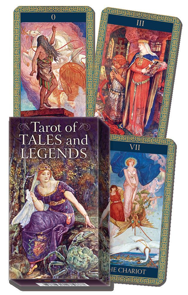 Tarot cards titled 'Tarot of Tales and Legends' with colorful illustrations on a white background.