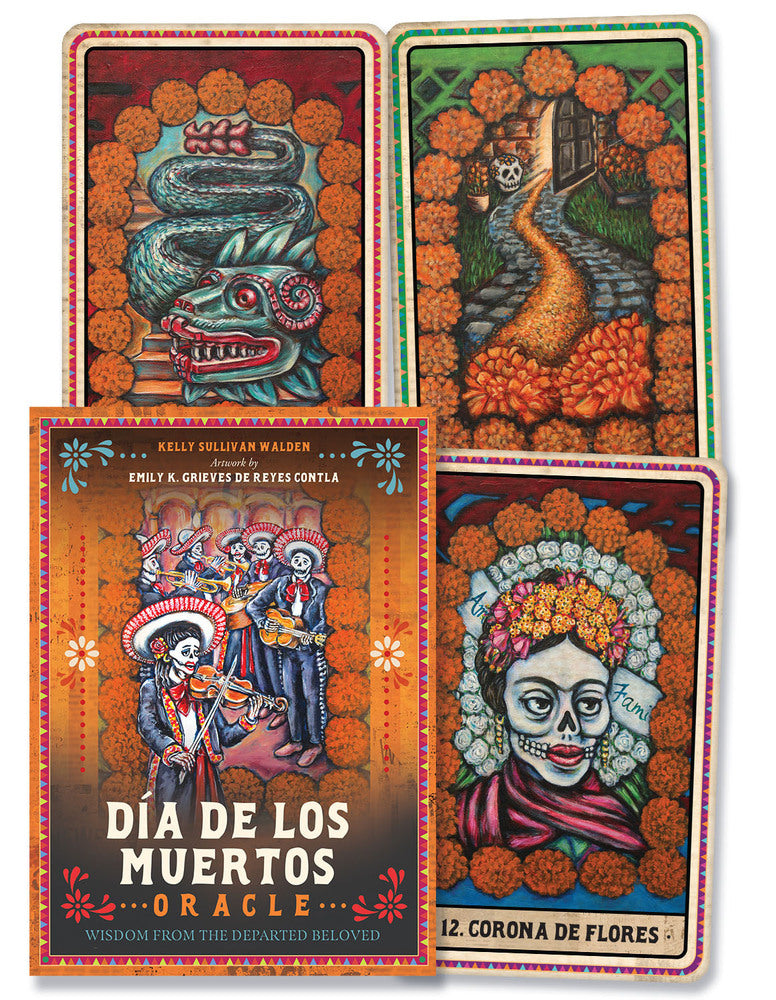Día de los Muertos Oracle card deck box shown with several illustrated cards behind it. The box features colorful Day of the Dead artwork and the title 'Día de los Muertos Oracle.