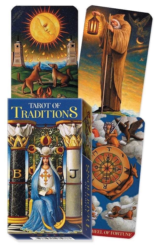 Tarot card packaging with illustrations and text on a white background