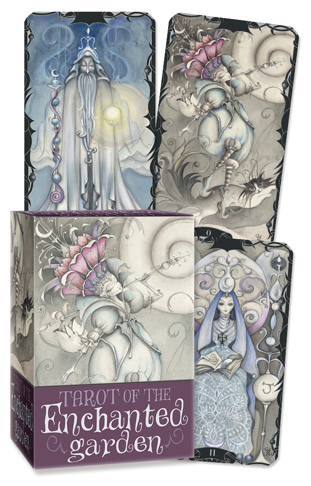 Tarot cards of the Enchanted Garden with illustrated?? and card designs.