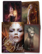 Four tarot cards featuring artistic illustrations of women with a book titled 'The Queen Mab Oracle' by Tess Whitehurst.