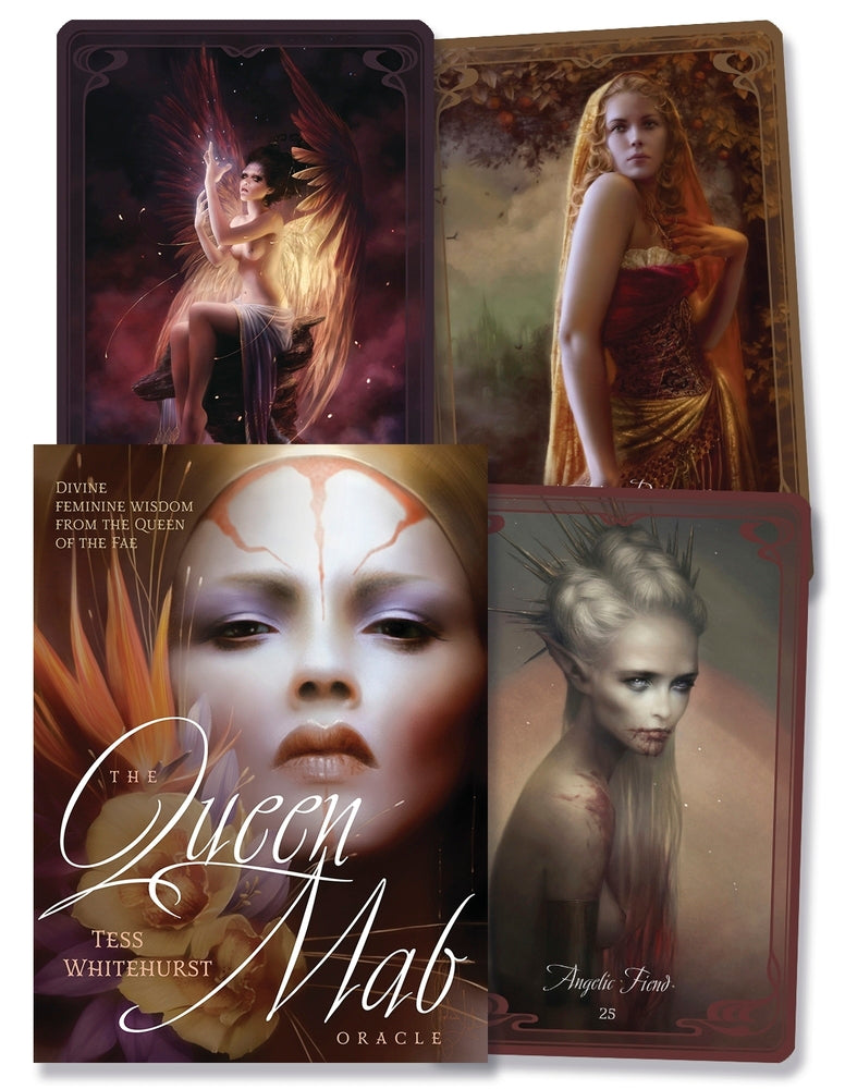Four tarot cards featuring artistic illustrations of women with a book titled 'The Queen Mab Oracle' by Tess Whitehurst.