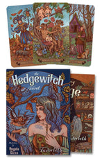 Hedgewitch Tarot cards with colorful illustrations and a central image of a woman with blue hair.