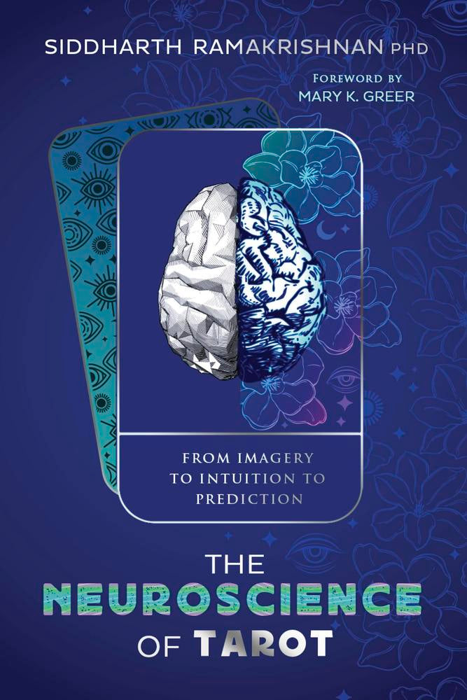 Book cover of 'The Neuroscience of Tarot' with a brain illustration on a blue background.