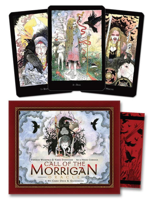 Set of tarot cards with illustrations and a box labeled 'Call of the Morrigan' on a white background.