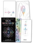 Sigil Witchery Oracle cards with colorful designs and a book titled 'Sigil Witchery Oracle' by Laura Tempest Zakroff.