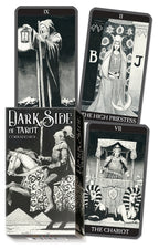Four tarot cards from 'Dark Side of Tarot' set, featuring illustrations of figures and symbols.