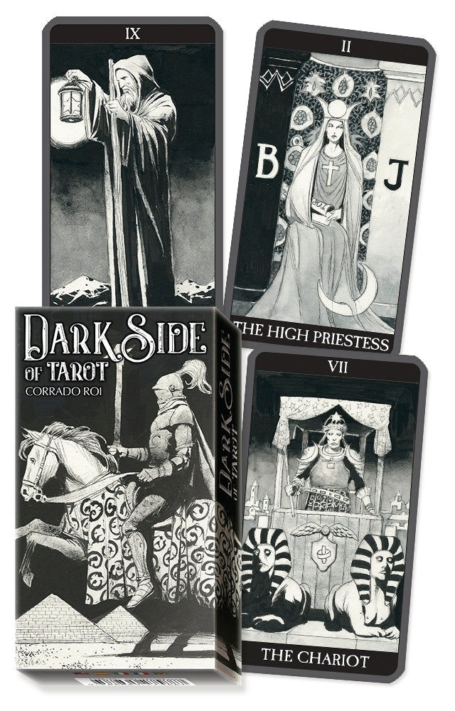 Four tarot cards from 'Dark Side of Tarot' set, featuring illustrations of figures and symbols.