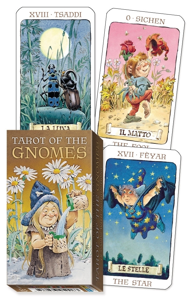 Tarot cards from 'Tarot of the Gnomes' set with colorful illustrations and card designs.