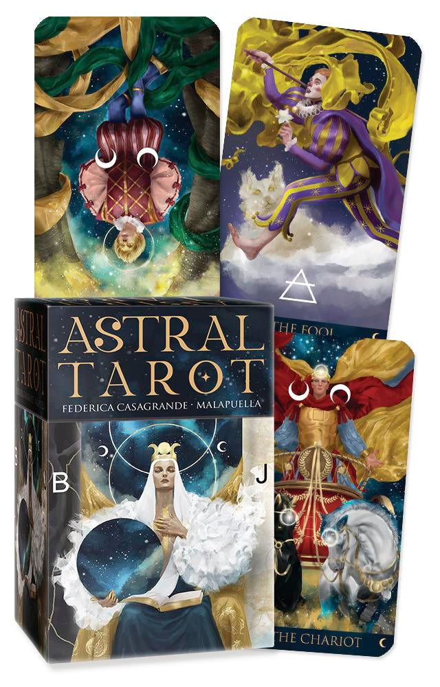 Astral Tarot card set with tarot cards and box on a white background