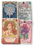 Card deck with artistic designs and 'Romantic Lenormand' branding.