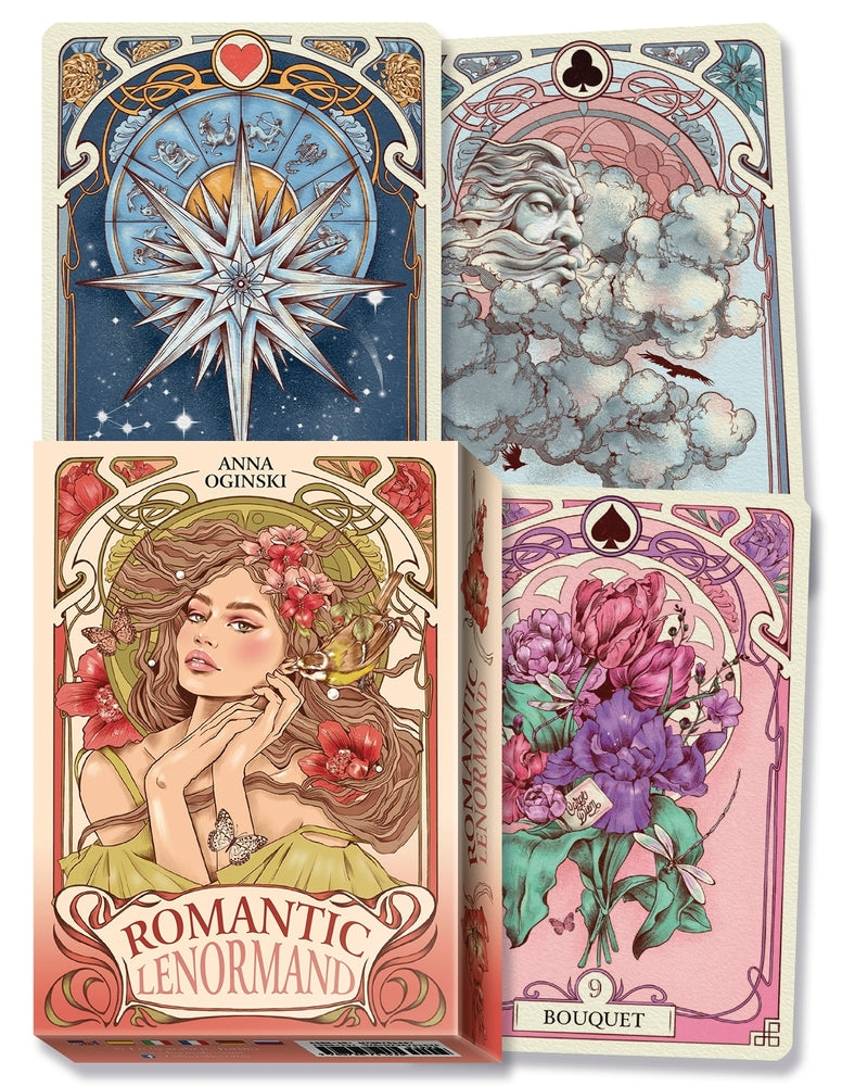 Card deck with artistic designs and 'Romantic Lenormand' branding.