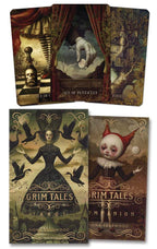Three cards from a 'Grim Tales' card set with vintage-style illustrations and text.