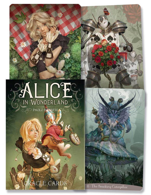 Set of Oracle Cards featuring illustrations from 'Alice in Wonderland' with a checkered tablecloth and floral elements.