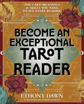 Book cover of 'Become an Exceptional Tarot Reader' by Ethony Dawn with decorative elements and text.