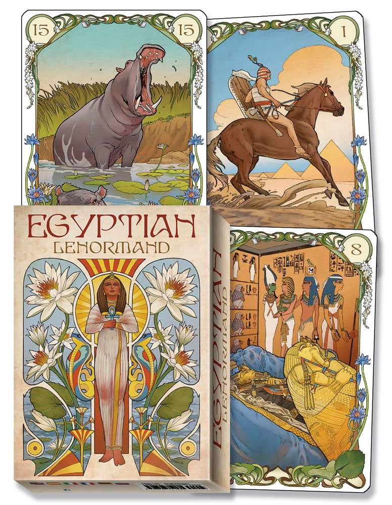 Three cards and the box cover from a deck titled 'Egyptian Lenormand' with various illustrations including a hippo, a person on a horse, a woman in a headdress, and a scene with people and animals.