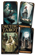 Four tarot card boxes with artistic illustrations and 'Druidic Tarot' text.