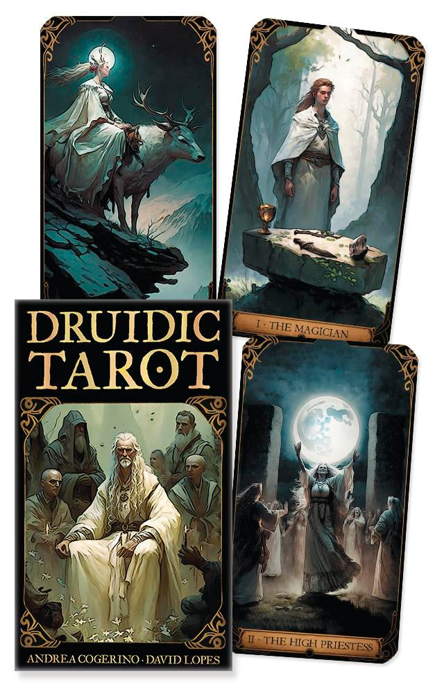 Four tarot card boxes with artistic illustrations and 'Druidic Tarot' text.