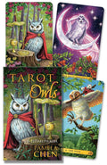 Four cards from 'Tarot of the Owls' with owl illustrations and colorful designs.