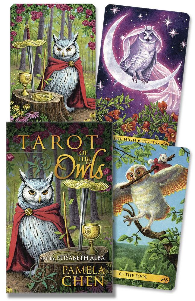 Four cards from 'Tarot of the Owls' with owl illustrations and colorful designs.