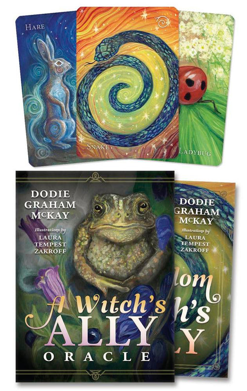 Set of Oracle cards with colorful illustrations and a book titled 'A Witch's Ally' by Dodie Graham McKay.