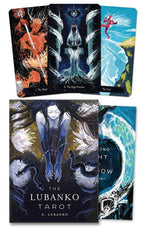 Collection of tarot cards from 'The Lubanko Tarot' with artistic designs and a box.