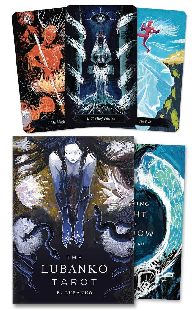 Collection of tarot cards from 'The Lubanko Tarot' with artistic designs and a box.