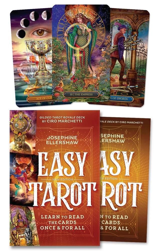 Gilded Tarot Royale Deck with two books titled 'Easy Tarot' by Josephine Ellershaw and Sinephine Ellershaw.